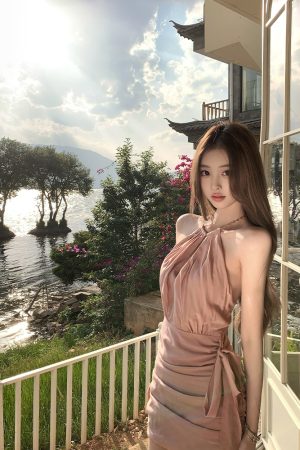 Summer Pink Backless Ruffled Chain Bodycon Halter Mini Dress with Kyoto Falling Cherry Blossoms Design