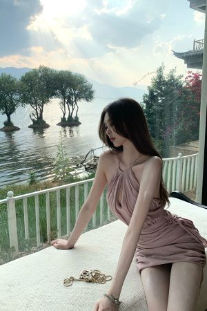 Summer Pink Backless Ruffled Chain Bodycon Halter Mini Dress with Kyoto Falling Cherry Blossoms Design