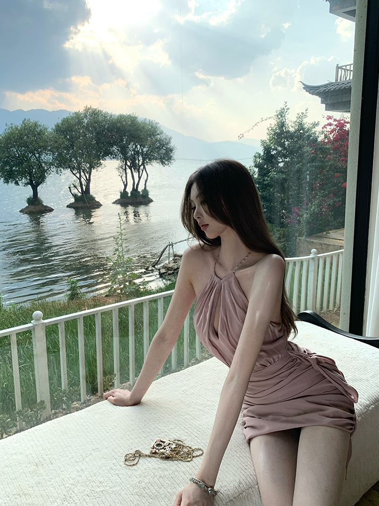 Summer Pink Backless Ruffled Chain Bodycon Halter Mini Dress with Kyoto Falling Cherry Blossoms Design Summer Pink Backless Ruffled Chain Bodycon Halter Mini Dress with Kyoto Falling Cherry Blossoms Design