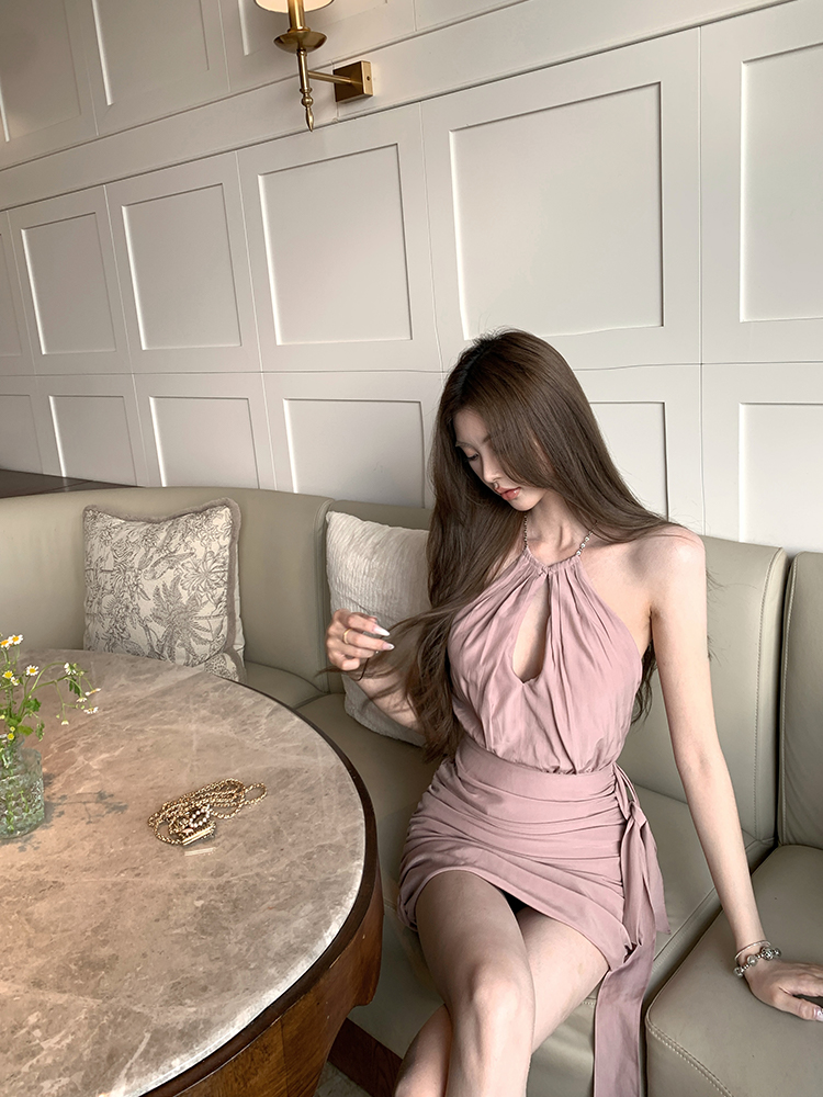 Summer Pink Backless Ruffled Chain Bodycon Halter Mini Dress with Kyoto Falling Cherry Blossoms Design Summer Pink Backless Ruffled Chain Bodycon Halter Mini Dress with Kyoto Falling Cherry Blossoms Design