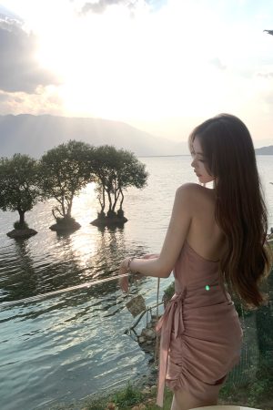 Summer Pink Backless Ruffled Chain Bodycon Halter Mini Dress with Kyoto Falling Cherry Blossoms Design