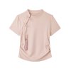 Summer Pink Cropped T-Shirt for Women, Chinese-Style Buttoned Short Sleeve, Slim-Fit Waist-Defining Top, American Fashion