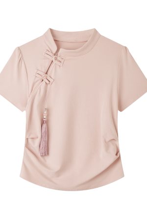 Summer Pink Cropped T-Shirt for Women, Chinese-Style Buttoned Short Sleeve, Slim-Fit Waist-Defining Top, American Fashion