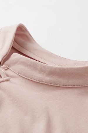 Summer Pink Cropped T-Shirt for Women, Chinese-Style Buttoned Short Sleeve, Slim-Fit Waist-Defining Top, American Fashion