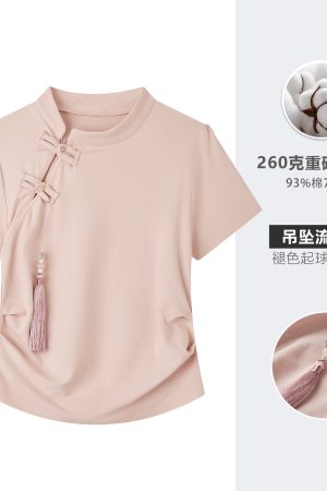 Summer Pink Cropped T-Shirt for Women, Chinese-Style Buttoned Short Sleeve, Slim-Fit Waist-Defining Top, American Fashion