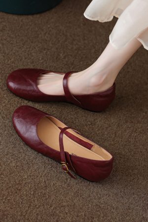 Summer Red Flat Hidden Height Mary Jane Shoes for Women, Small Lambskin, Shallow Mouth, Large Size 41-42, Trendy Summer Footwear
