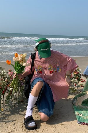 Summer Retro Fun Floral Embroidery Shirt with Denim Collar - Short Sleeve Plaid Top for Couples, Y2K Style Fashion