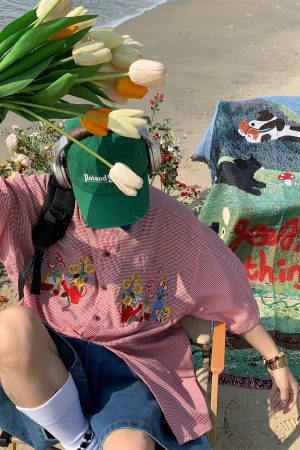 Summer Retro Fun Floral Embroidery Shirt with Denim Collar - Short Sleeve Plaid Top for Couples, Y2K Style Fashion