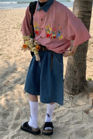 Summer Retro Fun Floral Embroidery Shirt with Denim Collar - Short Sleeve Plaid Top for Couples, Y2K Style Fashion