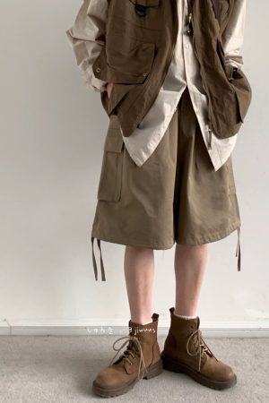 Summer Retro Khaki Cargo Shorts for Men and Women - Oversized Loose Multi-Pocket Straight Five-Point Pants