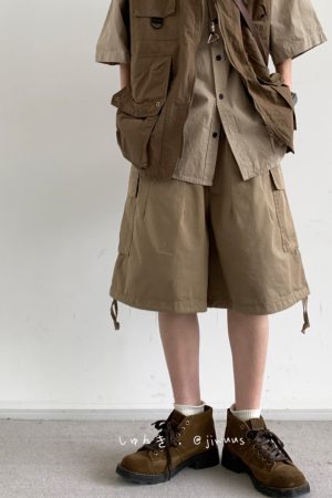 Summer Retro Khaki Cargo Shorts for Men and Women - Oversized Loose Multi-Pocket Straight Five-Point Pants