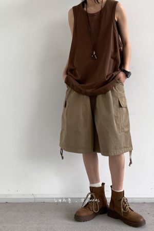 Summer Retro Khaki Cargo Shorts for Men and Women - Oversized Loose Multi-Pocket Straight Five-Point Pants