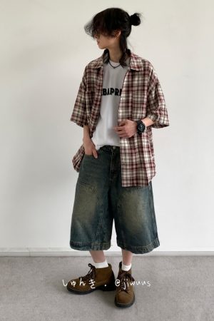 Summer Retro Plaid Short Sleeve Shirt for Men and Women - Casual Loose Fit College Style Work Shirt