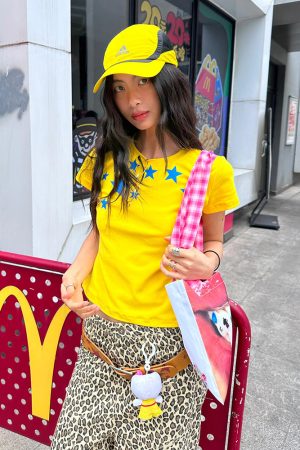 Summer Short-Sleeve T-Shirt for Women with Pentagram Print, Fitted ABG Style, Trendy Y2K Aesthetic