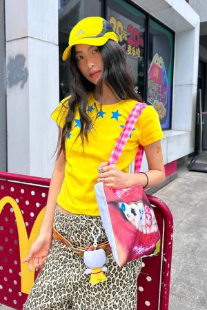 Summer Short-Sleeve T-Shirt for Women with Pentagram Print, Fitted ABG Style, Trendy Y2K Aesthetic