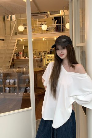 Summer Short Sleeve V-Neck T-Shirt for Women - Loose Fit Asymmetrical Shoulder Top in Relaxed Lazy Style