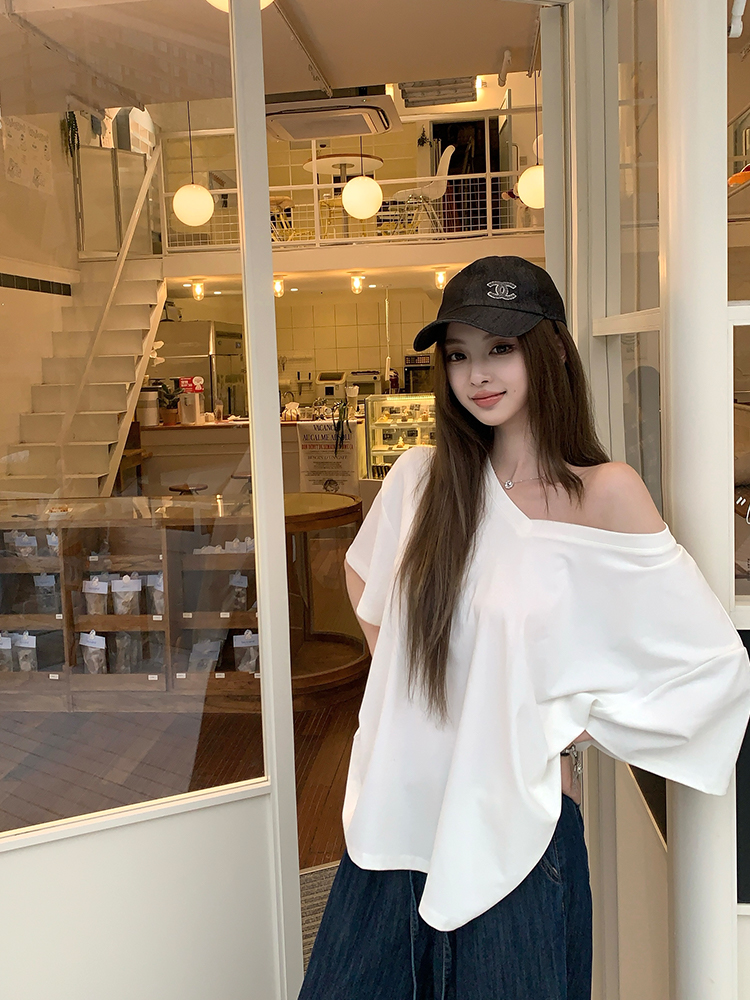 Summer Short Sleeve V-Neck T-Shirt for Women - Loose Fit Asymmetrical Shoulder Top in Relaxed Lazy Style Summer Short Sleeve V-Neck T-Shirt for Women - Loose Fit Asymmetrical Shoulder Top in Relaxed Lazy Style