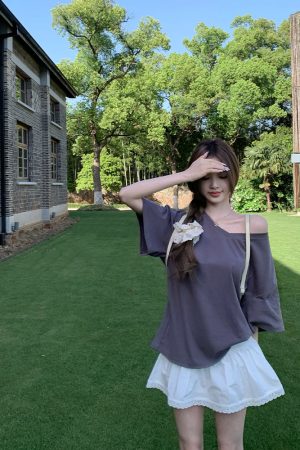 Summer Short Sleeve V-Neck T-Shirt for Women - Loose Fit Asymmetrical Shoulder Top in Relaxed Lazy Style