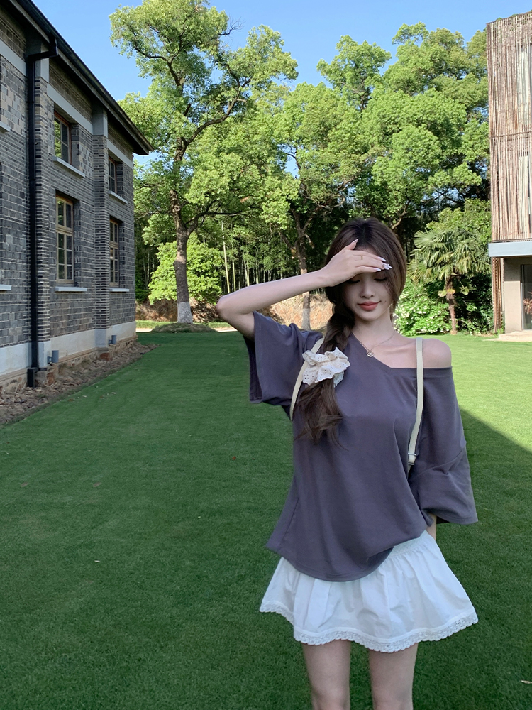 Summer Short Sleeve V-Neck T-Shirt for Women - Loose Fit Asymmetrical Shoulder Top in Relaxed Lazy Style Summer Short Sleeve V-Neck T-Shirt for Women - Loose Fit Asymmetrical Shoulder Top in Relaxed Lazy Style