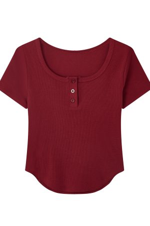 Summer Slim Fit Red Short-Sleeved T-Shirt for Women, Stylish Elegant Shoulder Top, Casual Everyday Wear