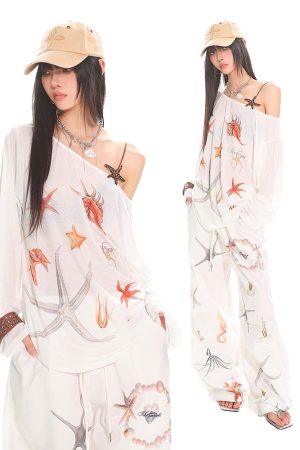 Summer Starfish Shell Print Casual Straight Pants for Work - American Design, Trendy and Comfortable, Perfect for Everyday Wear