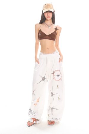 Summer Starfish Shell Print Casual Straight Pants for Work - American Design, Trendy and Comfortable, Perfect for Everyday Wear