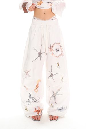 Summer Starfish Shell Print Casual Straight Pants for Work - American Design, Trendy and Comfortable, Perfect for Everyday Wear