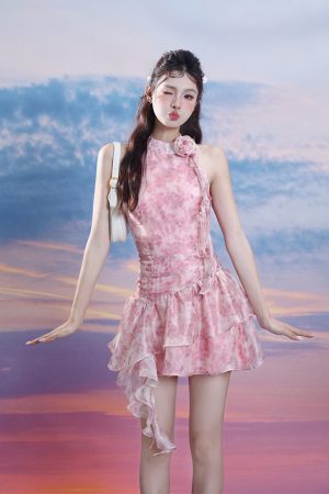 Summer Sweetheart Halter Neck Printed Flowing Ribbon Dress - Sleeveless Off-Shoulder Tank Style for a Chic Summer Look