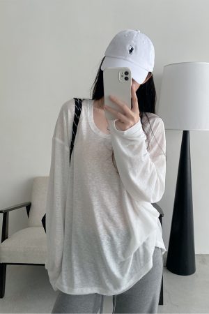 Summer Tencel U-Neck Frayed Big T-Shirt for Women - Loose Long Sleeve Casual Top, Perfect for 90s & Y2K Style