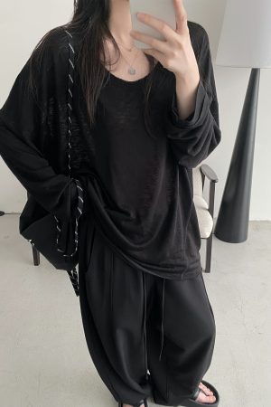 Summer Tencel U-Neck Frayed Big T-Shirt for Women - Loose Long Sleeve Casual Top, Perfect for 90s & Y2K Style