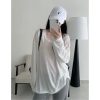 Summer Tencel U-Neck Frayed Big T-Shirt for Women - Loose Long Sleeve Casual Top, Perfect for 90s & Y2K Style