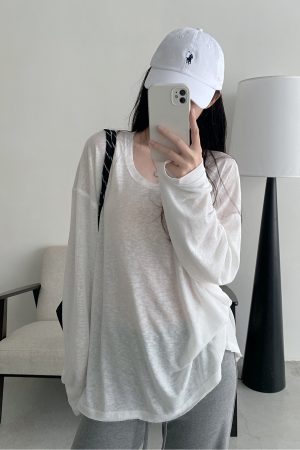 Summer Tencel U-Neck Frayed Big T-Shirt for Women - Loose Long Sleeve Casual Top, Perfect for 90s & Y2K Style