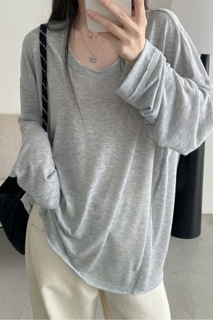 Summer Tencel U-Neck Frayed Big T-Shirt for Women - Loose Long Sleeve Casual Top, Perfect for 90s & Y2K Style
