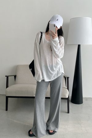 Summer Tencel U-Neck Frayed Big T-Shirt for Women - Loose Long Sleeve Casual Top, Perfect for 90s & Y2K Style