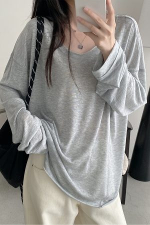 Summer Tencel U-Neck Frayed Big T-Shirt for Women - Loose Long Sleeve Casual Top, Perfect for 90s & Y2K Style