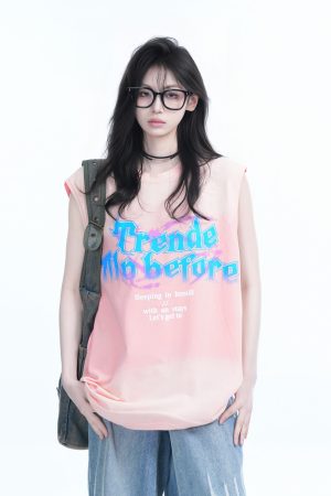 Summer Tie-Dye Gradient Sleeveless T-Shirt for Women, Loose Fit with Shoulder Straps, Trendy Casual Style