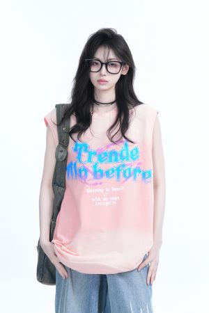 Summer Tie-Dye Gradient Sleeveless T-Shirt for Women, Loose Fit with Shoulder Straps, Trendy Casual Style