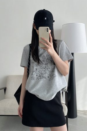 Summer Urban Island Sun Grapefruit Printed T-Shirt - Korean Style Round Neck Short Sleeve Slim Fit Top for Cool Comfort