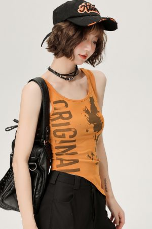 Summer Vintage Asymmetrical Slim-Fit Tank Top for Women - American Style Spicy Girl Print, Cute and Trendy Fashion