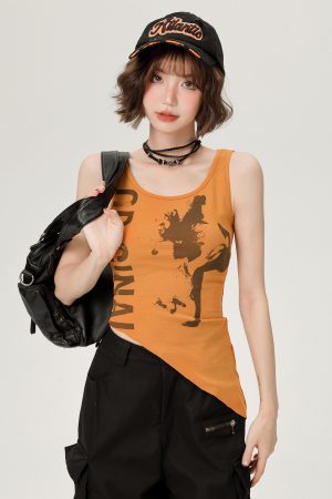 Summer Vintage Asymmetrical Slim-Fit Tank Top for Women - American Style Spicy Girl Print, Cute and Trendy Fashion