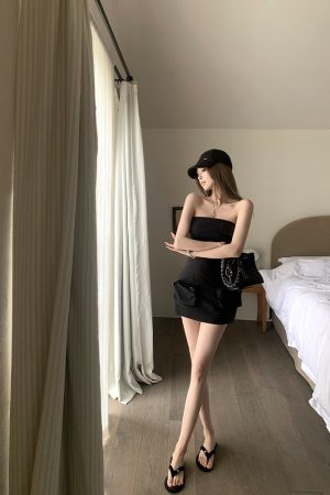 Summer Vintage Black Strapless Dress with Short Design - Y2K Hot Girl Workwear Style