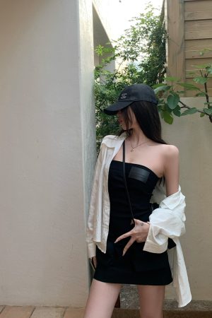 Summer Vintage Black Strapless Dress with Short Design - Y2K Hot Girl Workwear Style
