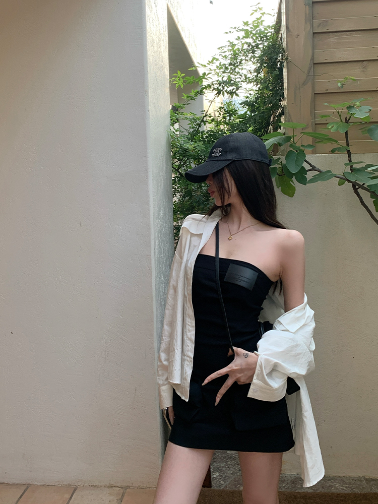 Summer Vintage Black Strapless Dress with Short Design - Y2K Hot Girl Workwear Style Summer Vintage Black Strapless Dress with Short Design - Y2K Hot Girl Workwear Style