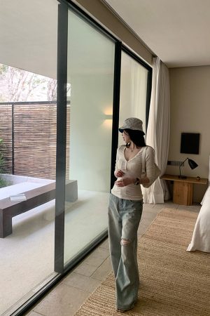 Summer Wash Blue Cat Whisker Ripped Loose Wide-Leg Jeans for Women - Trendy Y2K Style, Casual Chic Denim Pants