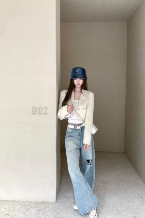 Summer Wash Blue Cat Whisker Ripped Loose Wide-Leg Jeans for Women - Trendy Y2K Style, Casual Chic Denim Pants