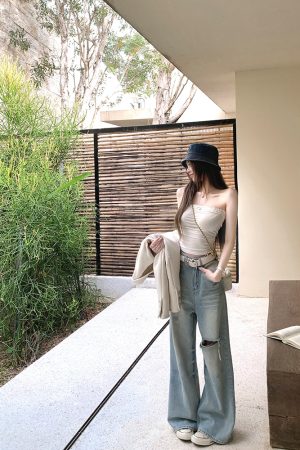 Summer Wash Blue Cat Whisker Ripped Loose Wide-Leg Jeans for Women - Trendy Y2K Style, Casual Chic Denim Pants