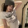 Summer White Short Sleeve T-Shirt for Women with Letter Print, Slim Fit Shoulder Top, 90s Inspired Style