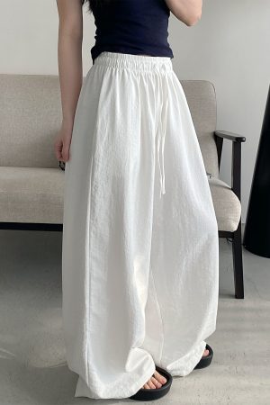 Summer Wide-Leg Casual Pants for Women - Loose Fit, Drawstring, Slightly Wrinkled Texture, Slimming Sun Grapefruit Color