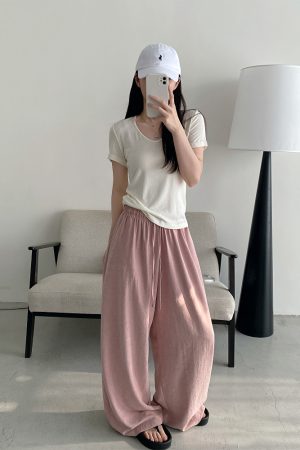 Summer Wide-Leg Casual Pants for Women - Loose Fit, Drawstring, Slightly Wrinkled Texture, Slimming Sun Grapefruit Color