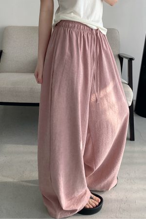 Summer Wide-Leg Casual Pants for Women - Loose Fit, Drawstring, Slightly Wrinkled Texture, Slimming Sun Grapefruit Color